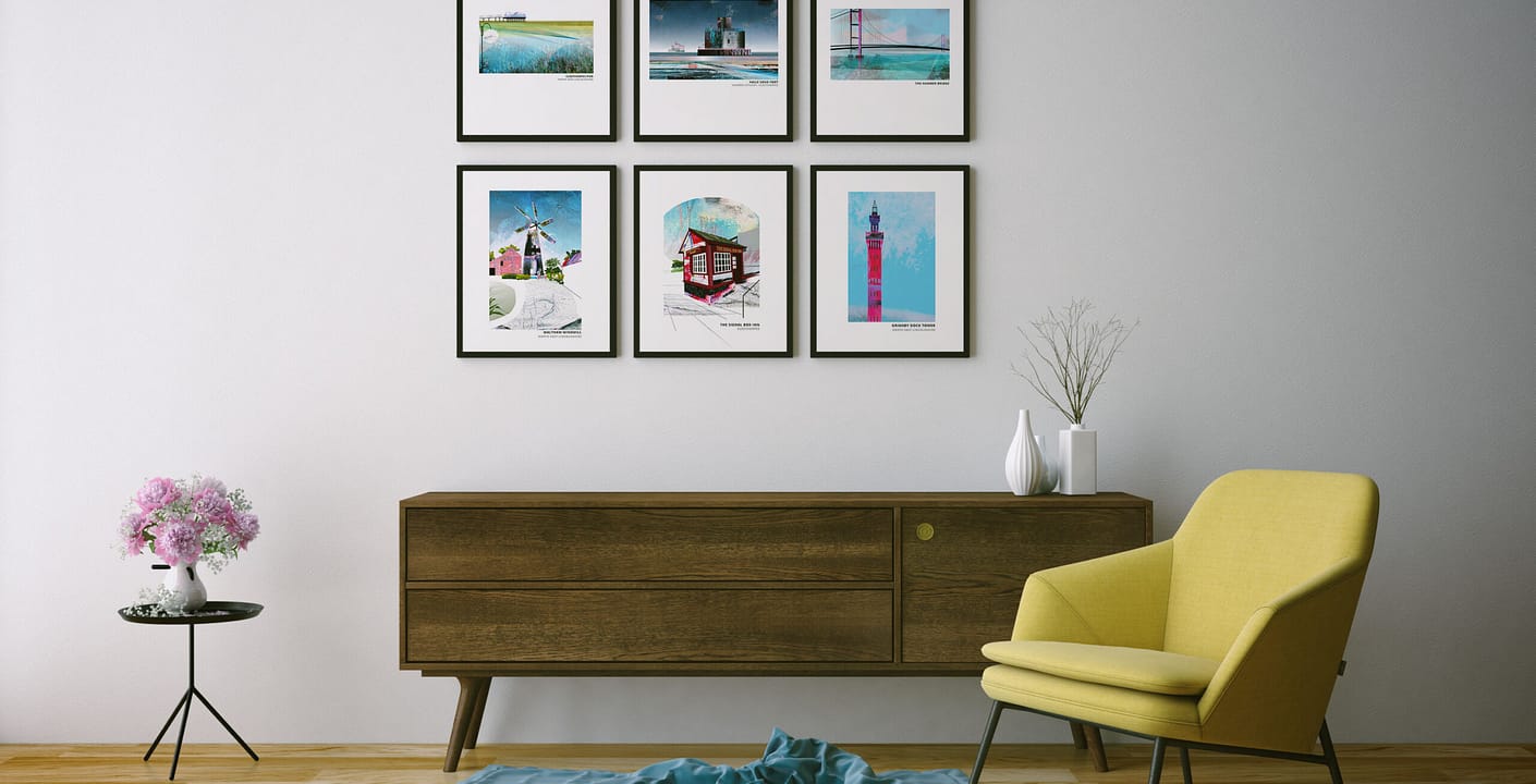 A series of framed images depicting Lincolnshire landmarks by Vicki Shortt