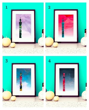 Picture showing a set of 4 limited edition prints of Grimsby Dock Tower by Vicki Shortt
