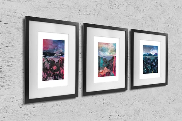Skies Series, a set of three limited edition prints with a theme of skies and mountains by Vicki Shortt